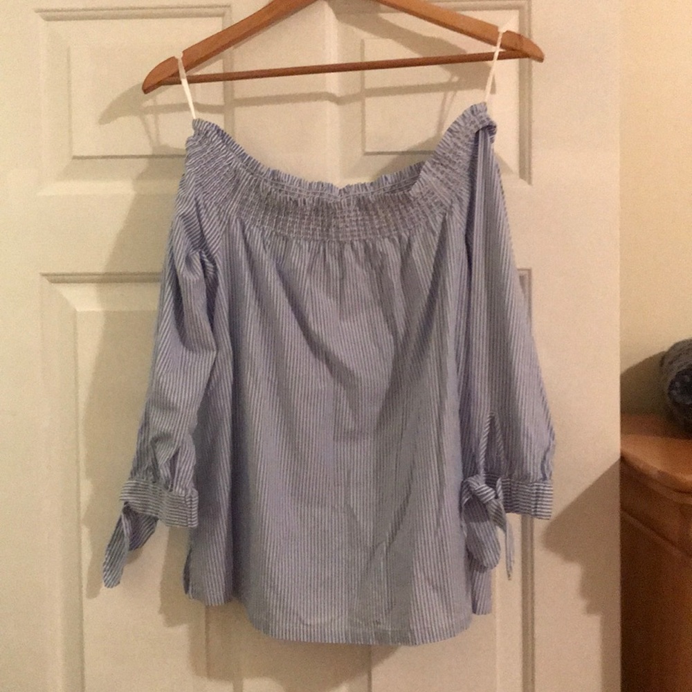 LOFT Off-the-Shoulder Seersucker top with bows